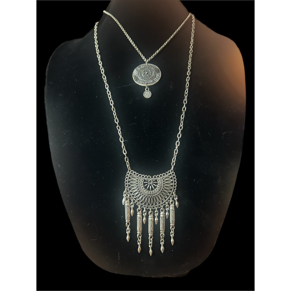 Silver Tone Layered Medallion Crescent Fringe Statement Necklace Boho Eclectic